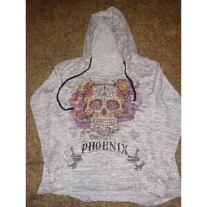 SWEET GISELE Phoenix Skull Graphic Hoodie Gray Bling Long Sleeve MD